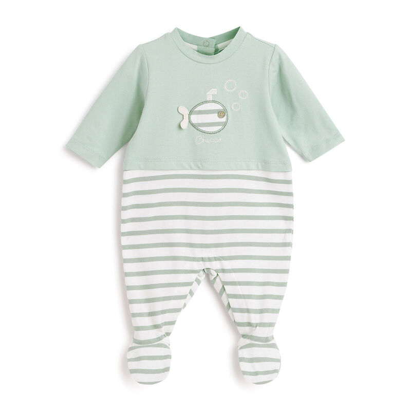 Boys Light Green Striped Leg Opening Babysuit image number 0